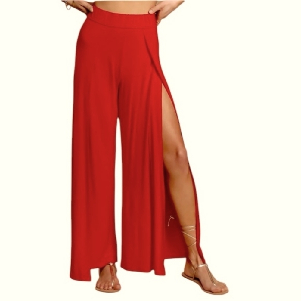 Lulus Red Romantic Bohemian High Rise Flowy Back Zip Wide Leg Pants Size M